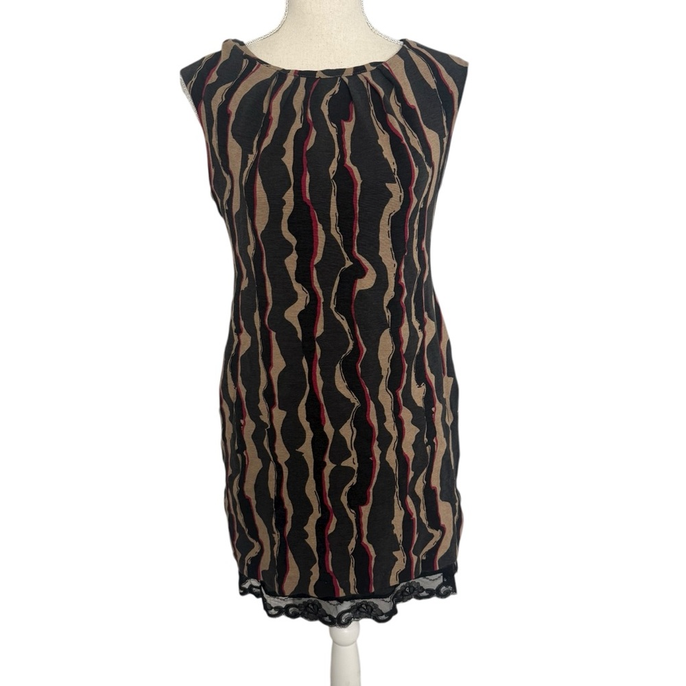Trina Turk‎ Abstract Wave Print Lace Trim Shift Dress Black Tan Red Size 2